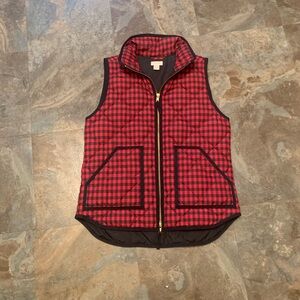 J. Crew black and red checked down feather vest, size S.